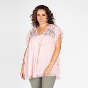 Terra & Sky Flutter Sleeve Embroidered Deep V Neck Top